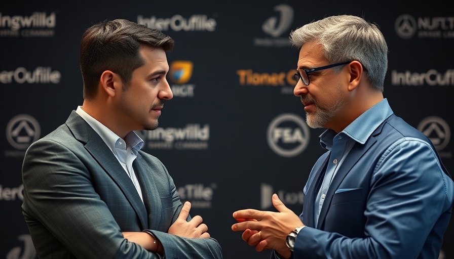 Two professionals discussing AI skills training at a branded event backdrop.