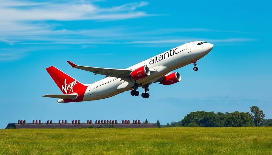 Virgin Atlantic flight descending for landing under clear blue sky.