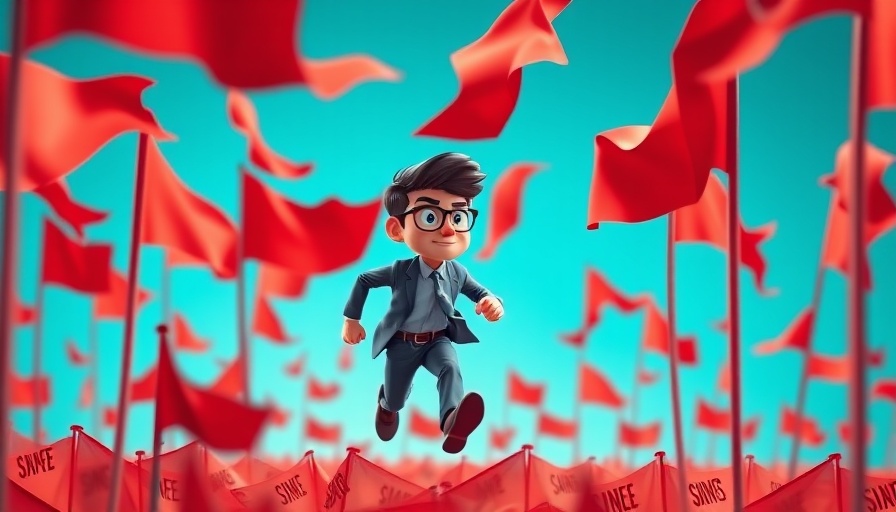 Cartoon man running through red flags symbolizing workplace safety warnings.