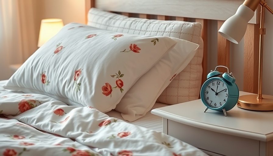 Serene sleeping scene with floral bedding and alarm clock.