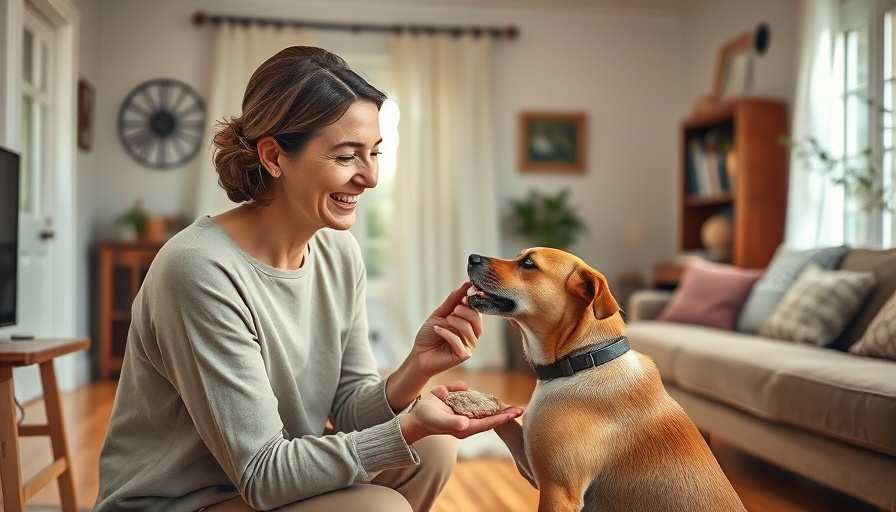 Woman feeding dog indoors, keeping pets healthy during heatwave.
