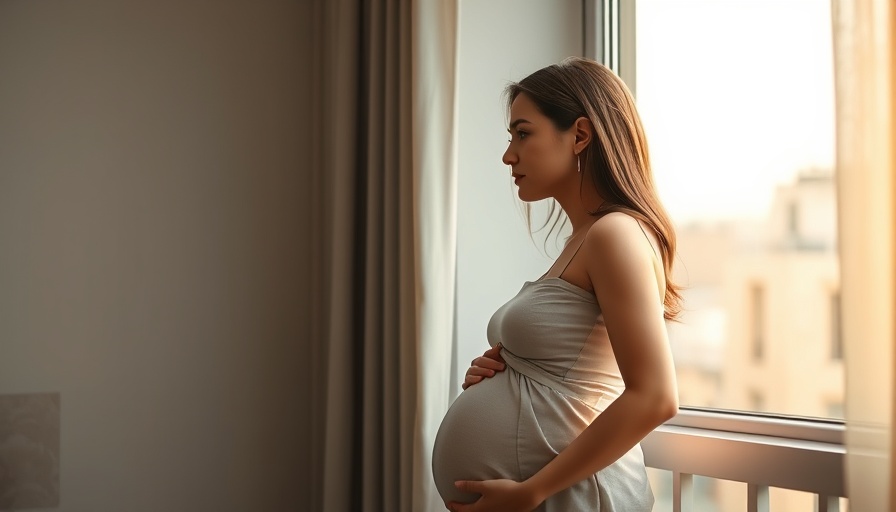 Pregnant woman gazing out a window in soft light.