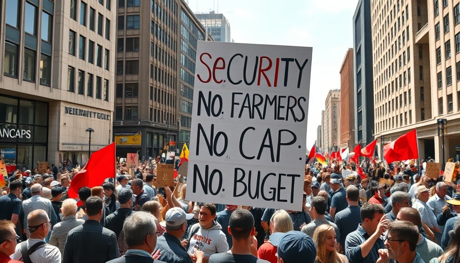 Protest against CAP budget cuts with large sign and people.