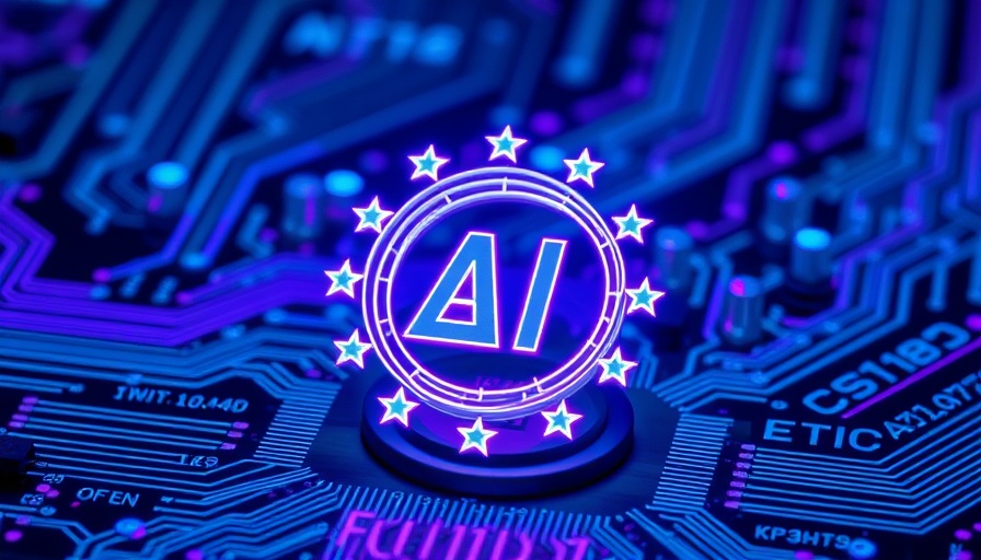 AI symbol with EU stars, representing European AI Law Revisions, on digital backdrop.