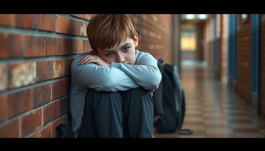 Sad child experiencing bullying, seated against a school wall