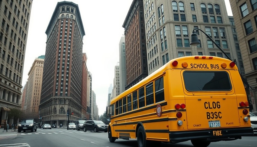 Yellow school bus on urban street highlighting back-to-school safety tips.