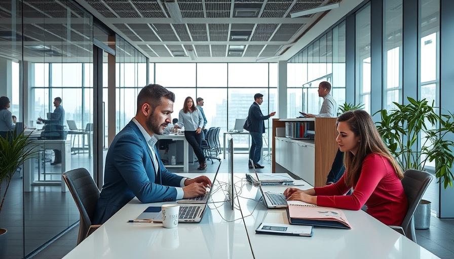 Modern office with professionals collaborating, building the future of work.