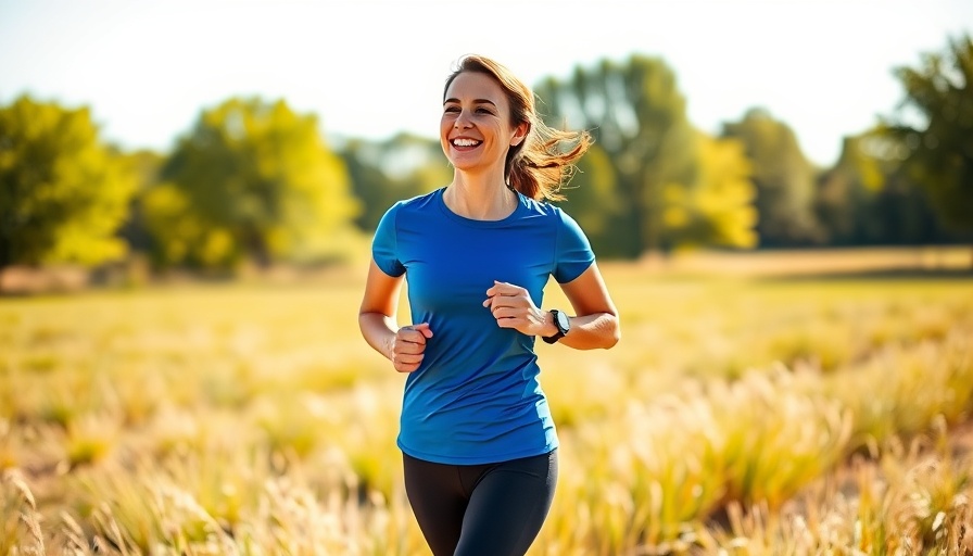 Woman running in hot weather, smiling in sunny field.