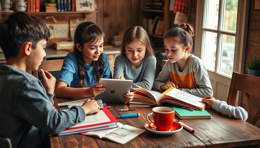 Group study with tablet and books highlighting benefits of educational apps.