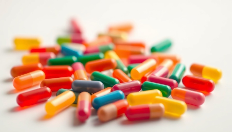 Colorful capsules scattered near a bottle, illustrating medication concept.