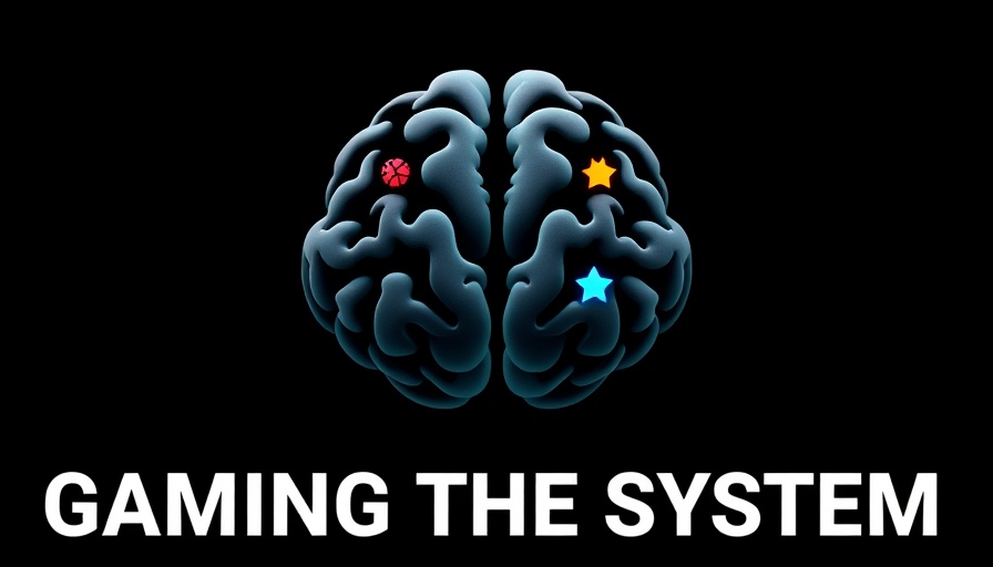 Symbolic brain graphic with gaming icons, split design.