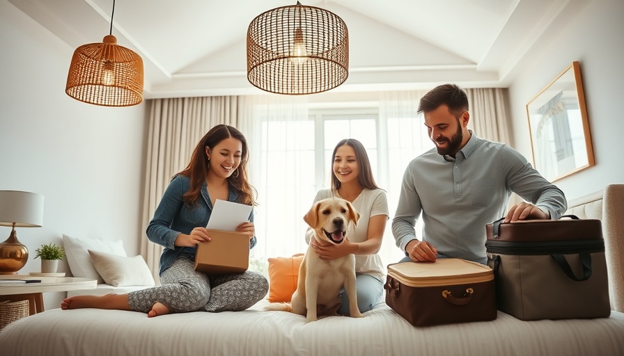 Family unpacking with dog in a cozy, dog-friendly hotel room.