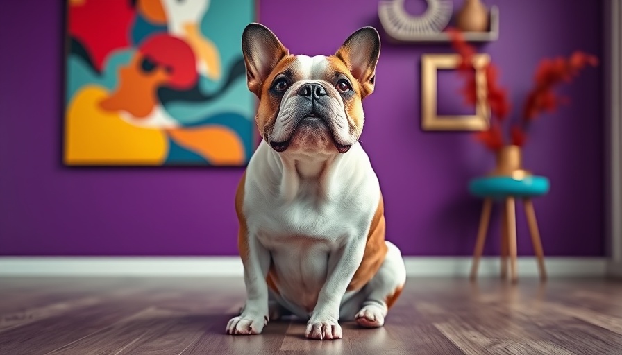 Bulldog at Marriott pet-friendly hotel with modern art decor.