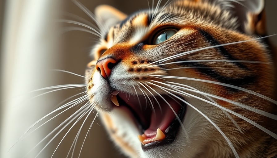 Close-up detail of a cat yawning, focusing on whiskers and nose, related to hairball cat food side effects.