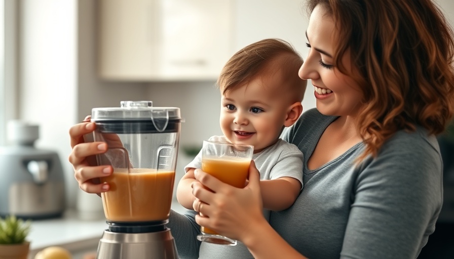 Mother and child making a healthy smoothie in a modern kitchen.