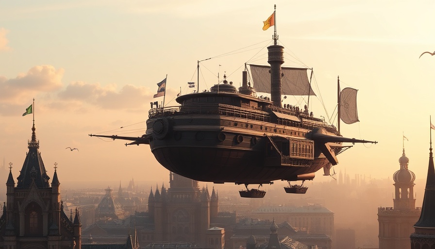 Steampunk flying ship over fantasy cityscape, Final Fantasy 9 nostalgia.