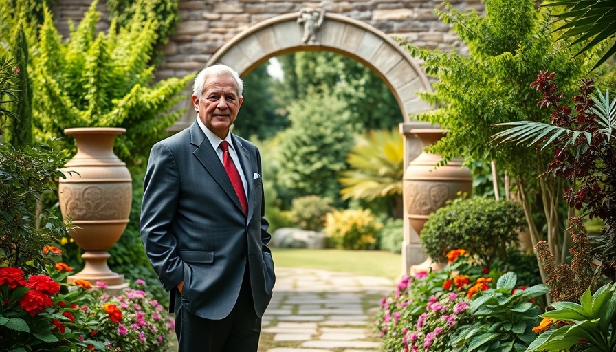 Elderly man in garden at Highgrove, vibrant greenery and stone archway.