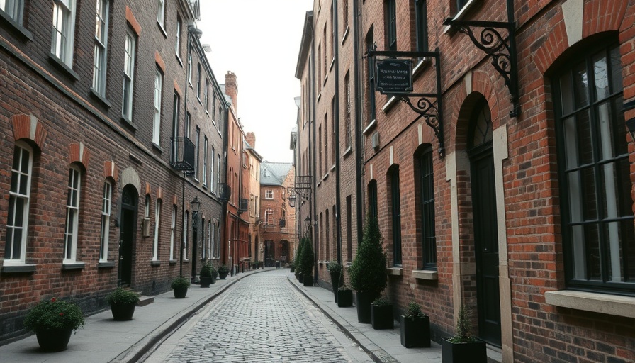 Charming cobblestone street with historic buildings and stop sign.