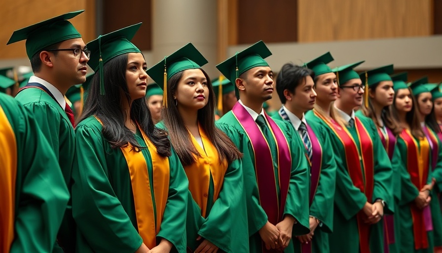 Graduation ceremony with attentive graduates in vibrant gowns.