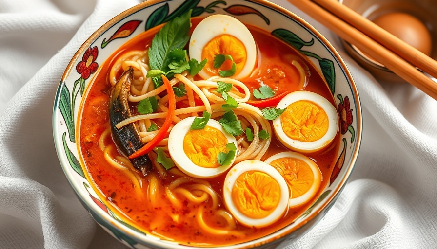 Spicy udon noodle soup with eggs and vegetables.