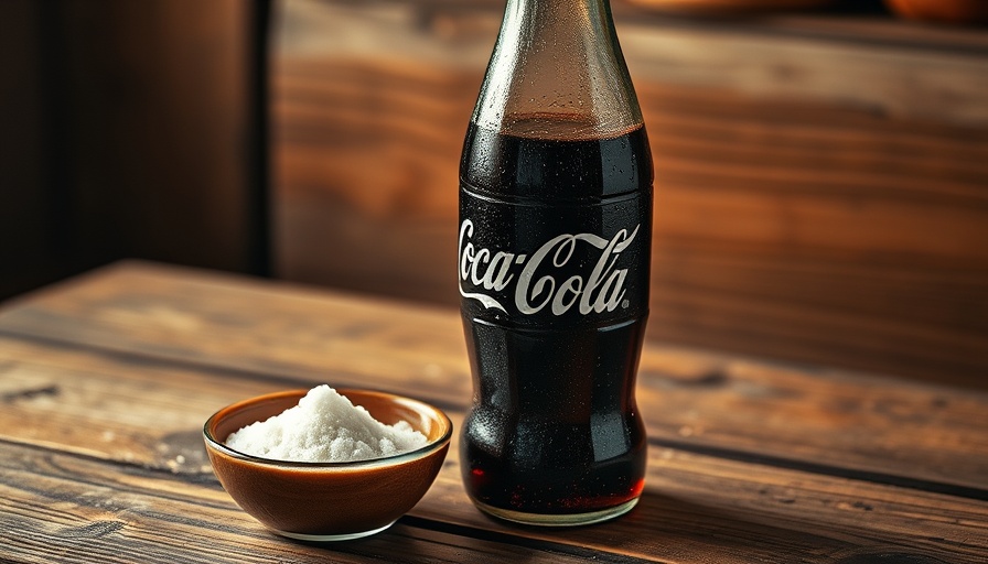 Classic Coke bottle with cane sugar on wooden table.
