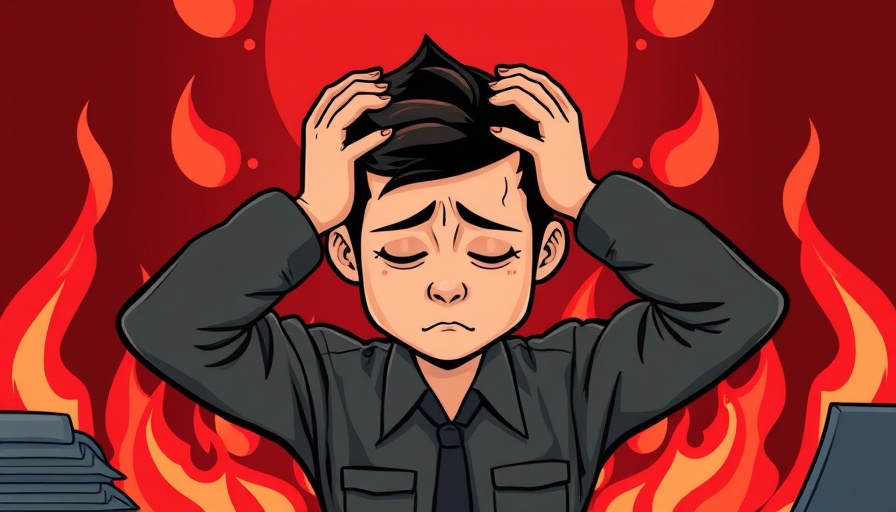 Stressed worker illustration with fiery background, symbolizing burnout.