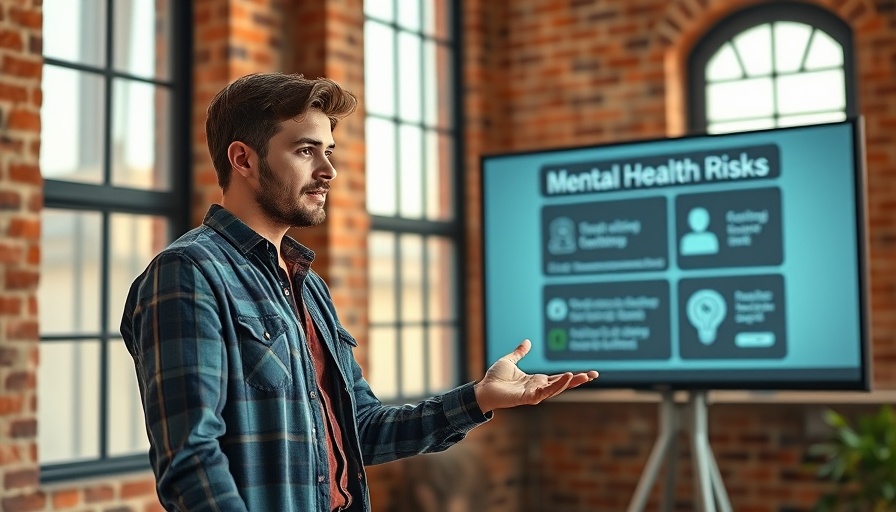 Presentation discussing access to mental health care, man pointing at screen.