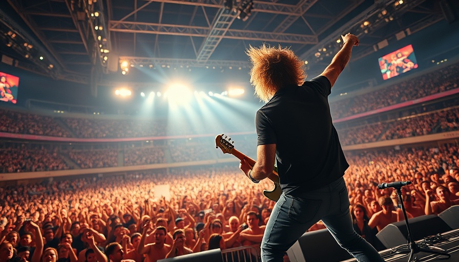 Concert performer in large stadium during vibrant night show.