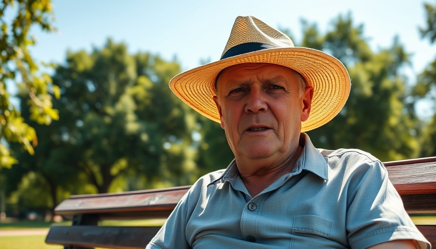 Elderly man experiencing heat exhaustion in a sunny park setting.