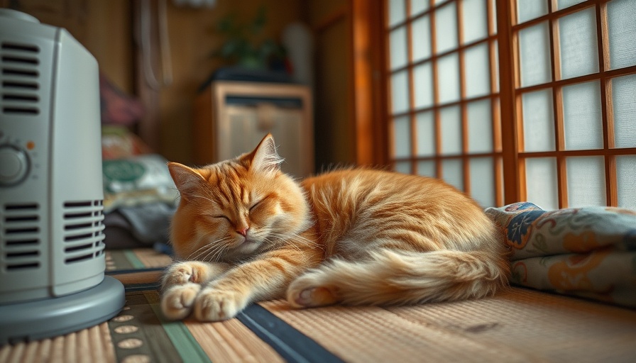 Cozy cat sleeping by heater in a Japanese room, symbolizing energy poverty in the Netherlands 2024.