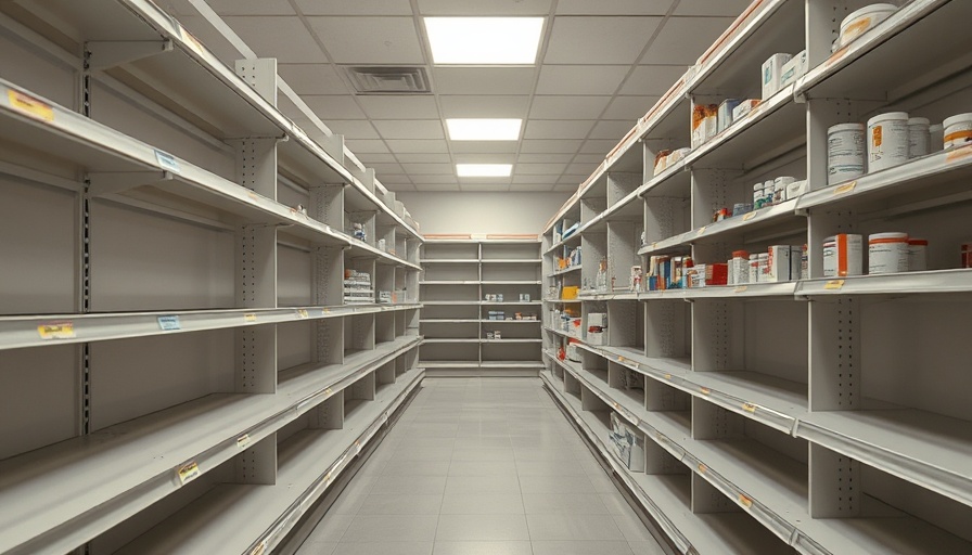 Empty pharmacy shelves indicating temporary unavailability of medications.