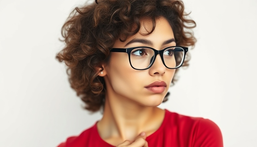 Contemplative young woman in red blouse, easy productivity hacks.