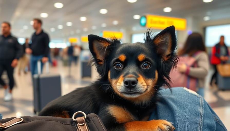 Small dog held by person at the airport, IATA pet travel initiatives.
