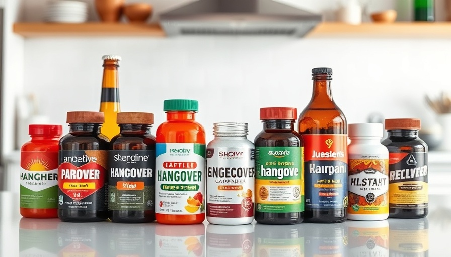 Colorful assortment of anti-hangover supplements in a modern kitchen.