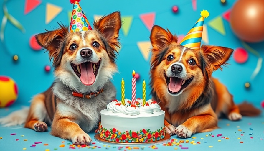 Festive rescue dogs celebrating Dogust 1st with party hats.