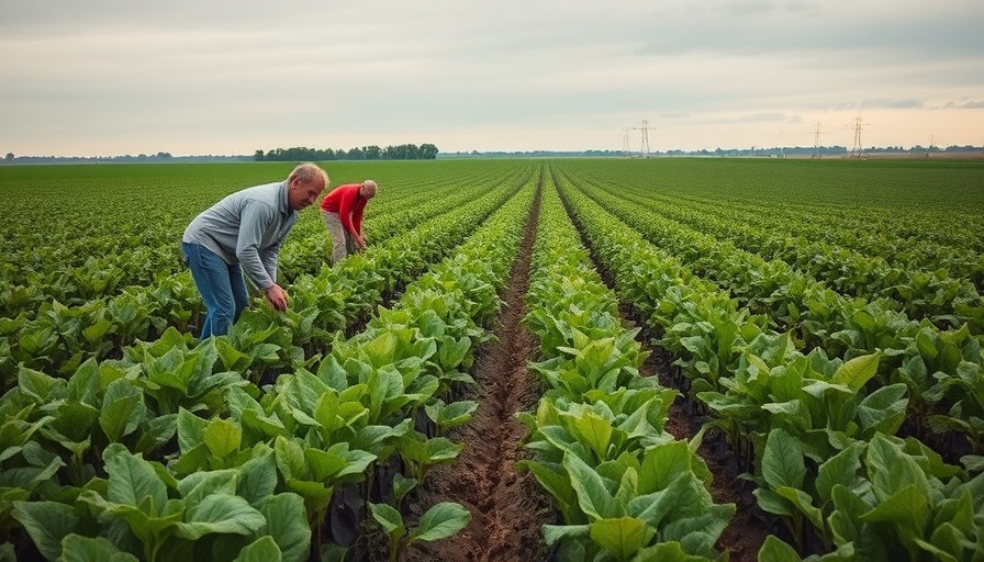 Agricultural workers in a green field under cloudy skies, depicting rural work challenges and environment.