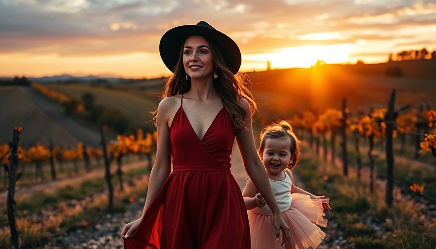 Fashionable millennial woman and child in vineyard landscape at sunset.