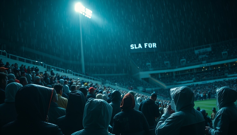 Bristol Motor Speedway under lights with people in rain gear.