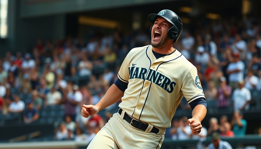 Julio Rodriguez celebrates on-field in Mariners uniform.