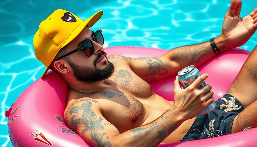 Tattooed man in pool on pink float, relaxed atmosphere, GTA 6 price rumor.