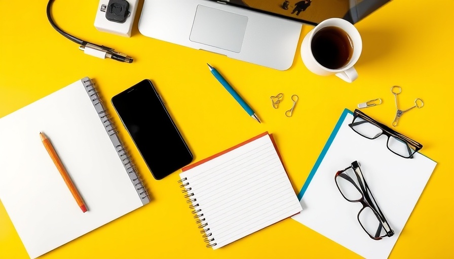 Desktop with laptop and office supplies on yellow background.