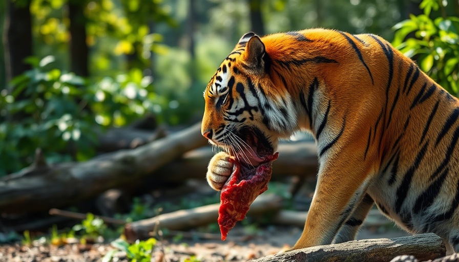 Tiger gripping meat at Aalborg Zoo, natural habitat