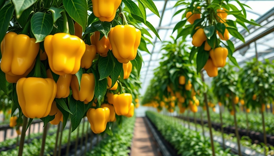Yellow bell peppers growing in a greenhouse, lush green leaves.