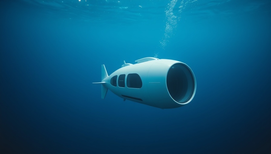 White submersible showing logos underwater in deep blue ocean.