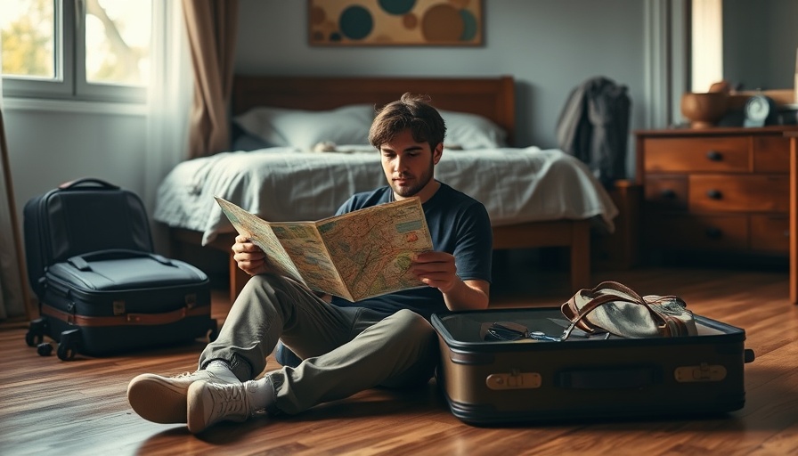 Stress-free vacation tips: relaxed person planning trip with map and suitcases