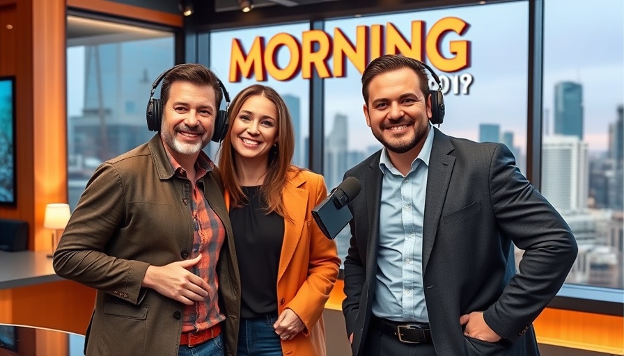 Radio hosts smiling in a studio promoting a morning show.