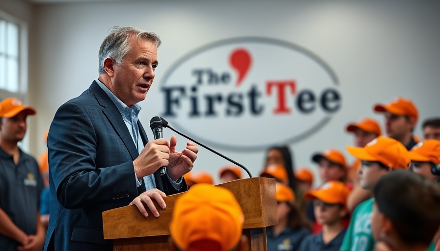 Man speaking at a podium with kids, reflecting Jim McGlothlin philanthropy golf event.