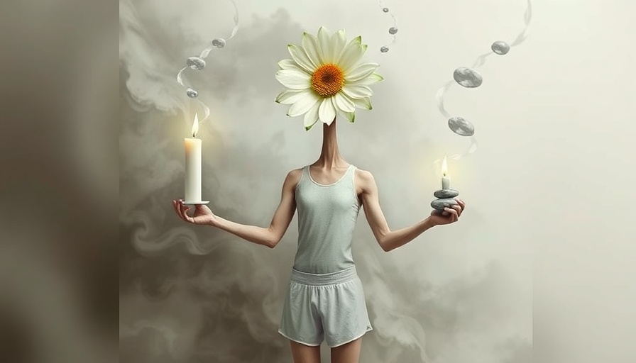 Surreal art of trail running preparation with flower-headed figure.