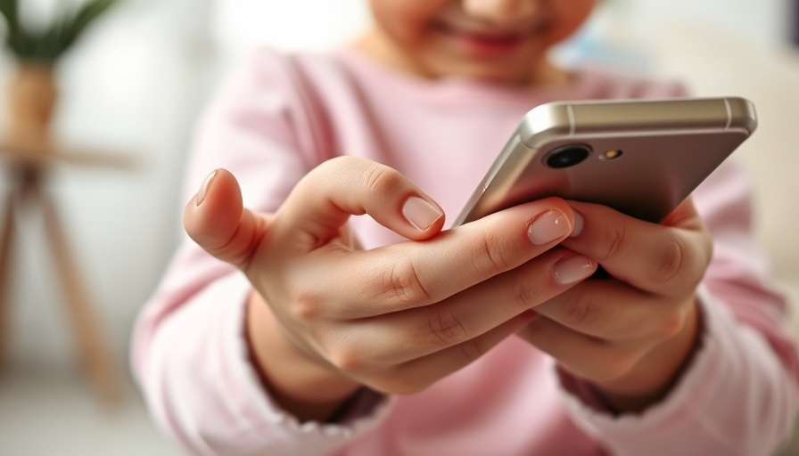 Close-up of child's hands using a smartphone, highlighting screen time.