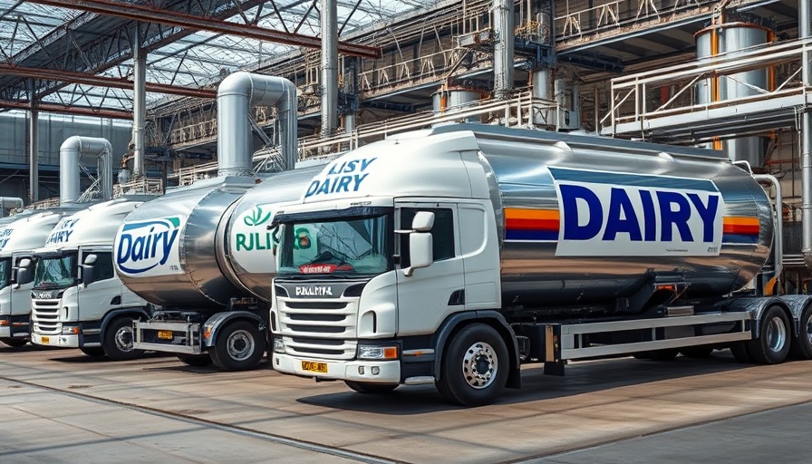 Dairy Market Price Adjustments: Large tanker trucks in an industrial dairy factory setting